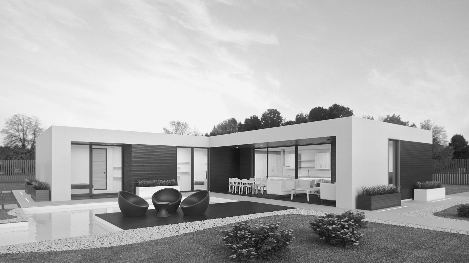 a black and white image of a modern home